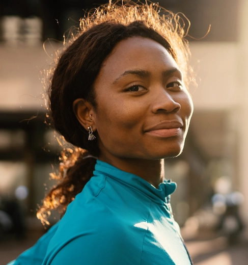 Woman in blue athletic jacket