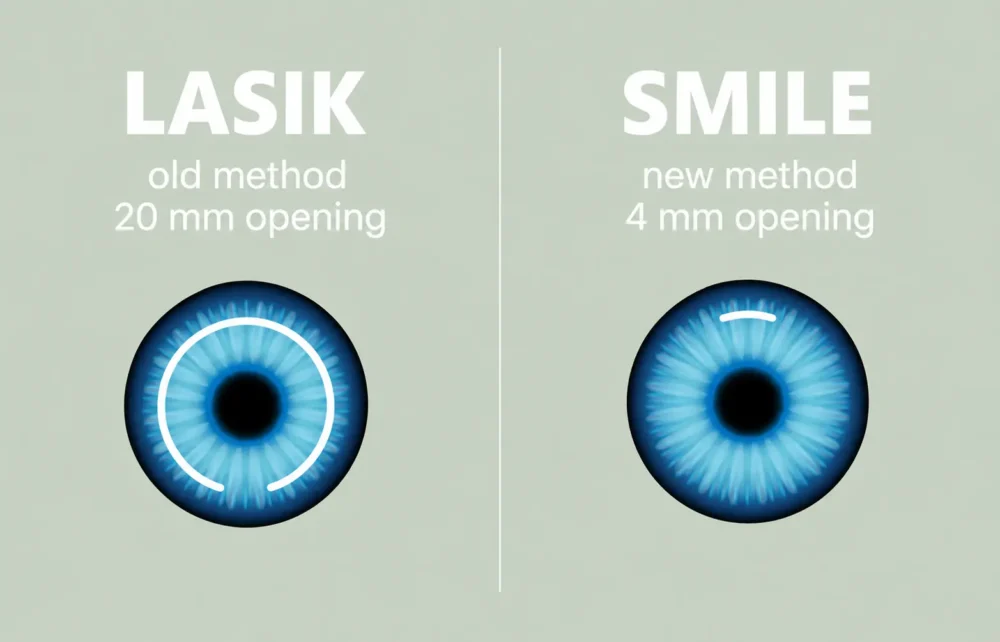 Comparison Close-up eye of laser eye surgery of old and new method LASIK and SMILE